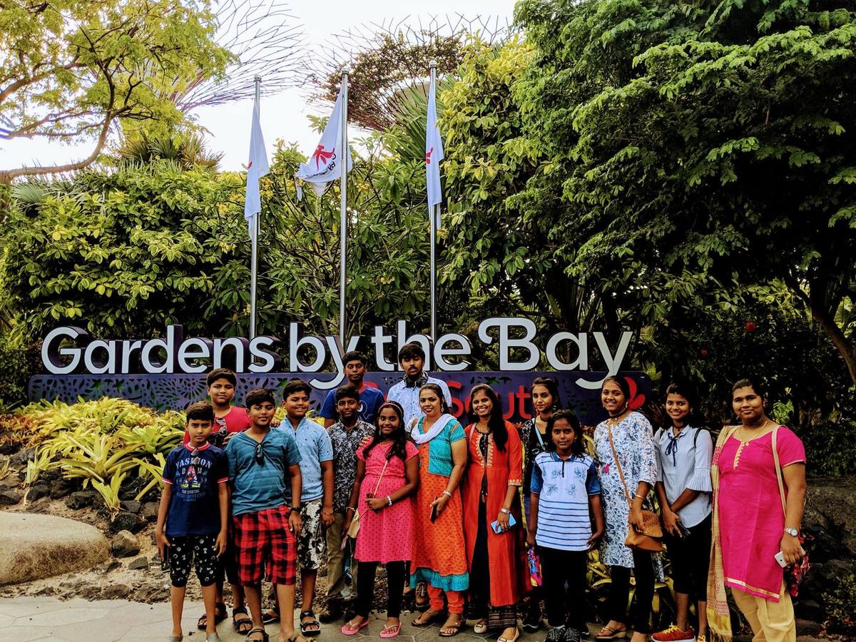 A school group at the Gardens by the Bay sign, Singapore